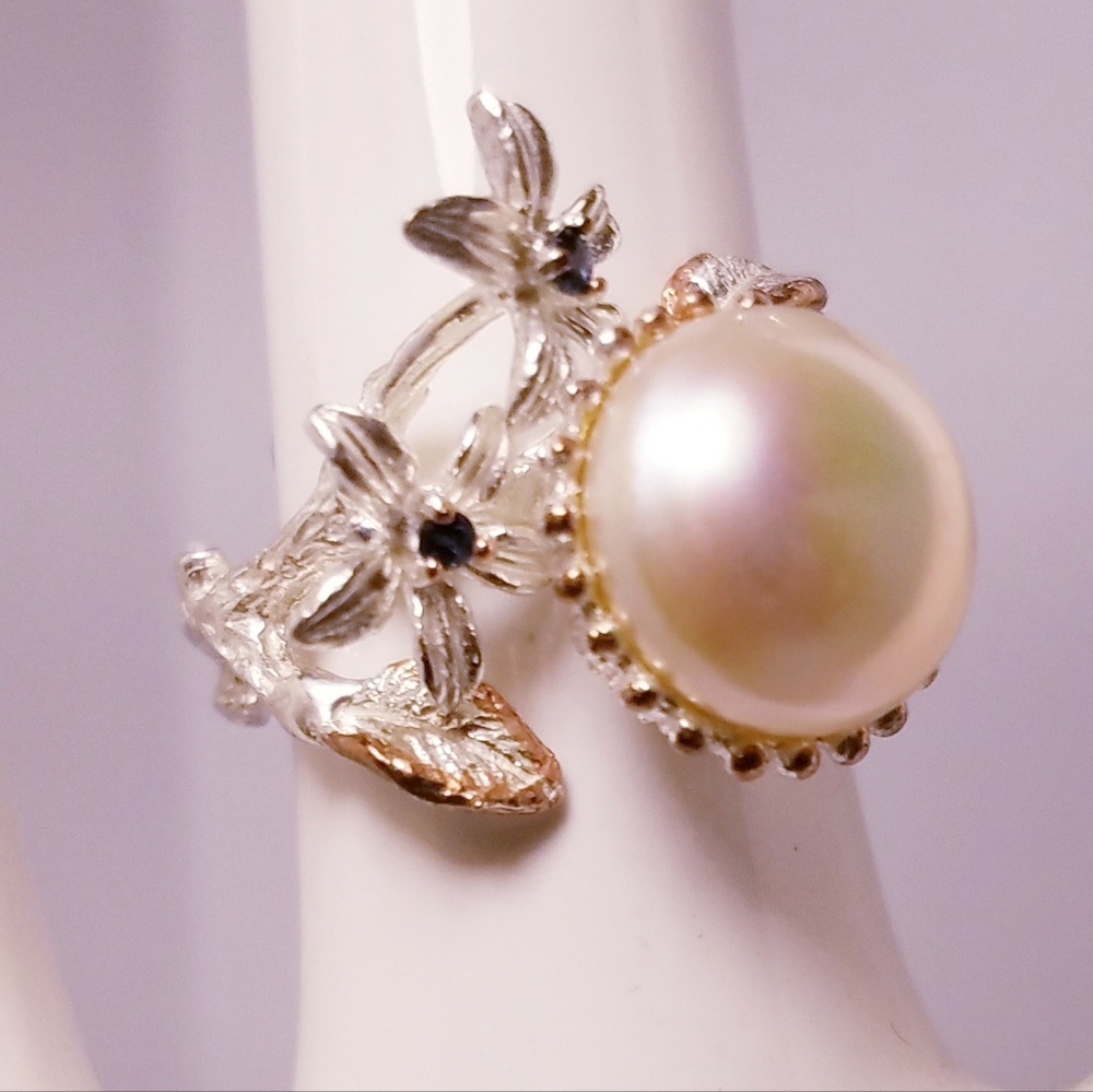 {925} natural Pearl and sapphire ring 7.25